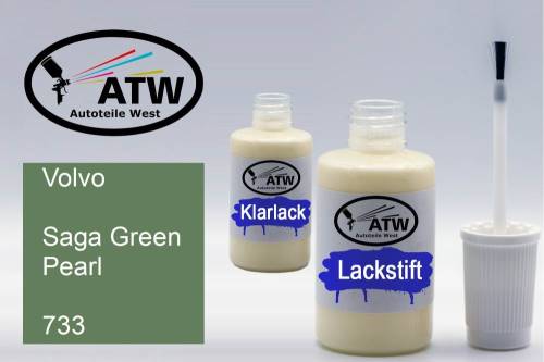 Volvo, Saga Green Pearl, 733: 20ml Lackstift + 20ml Klarlack - Set, von ATW Autoteile West.